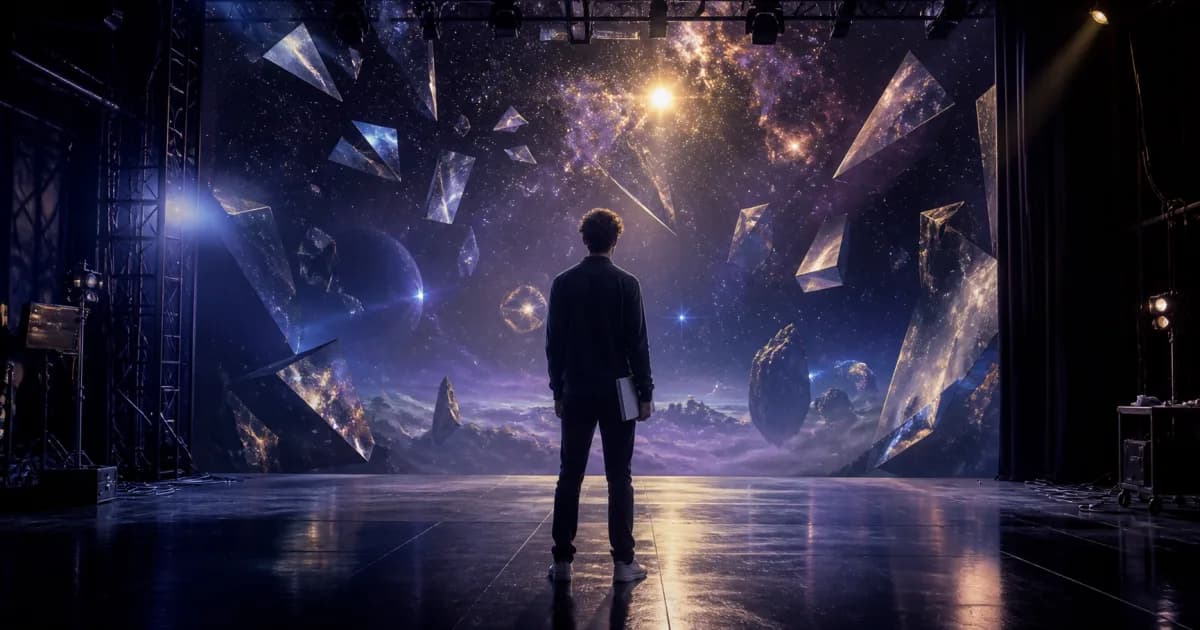 An original illustration of a young actor holding a script before a fractured cosmic soundstage