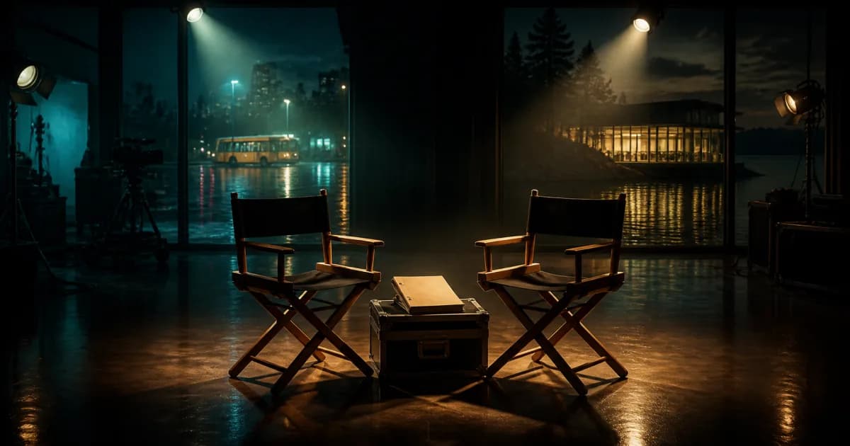 An original illustration of two empty director chairs and a closed script on a quiet film set