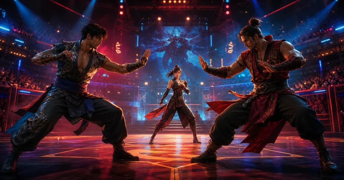 An original illustration of three martial artists facing off in a neon-lit tournament arena